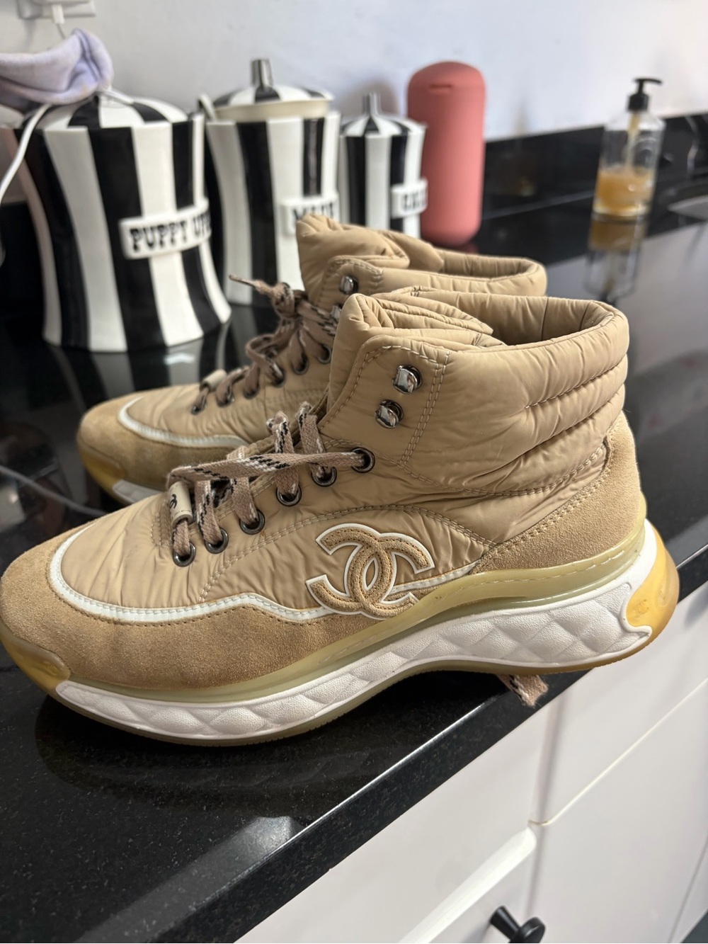 AUTHENTIC CHANEL Beige Quilted High-Top Sneakers